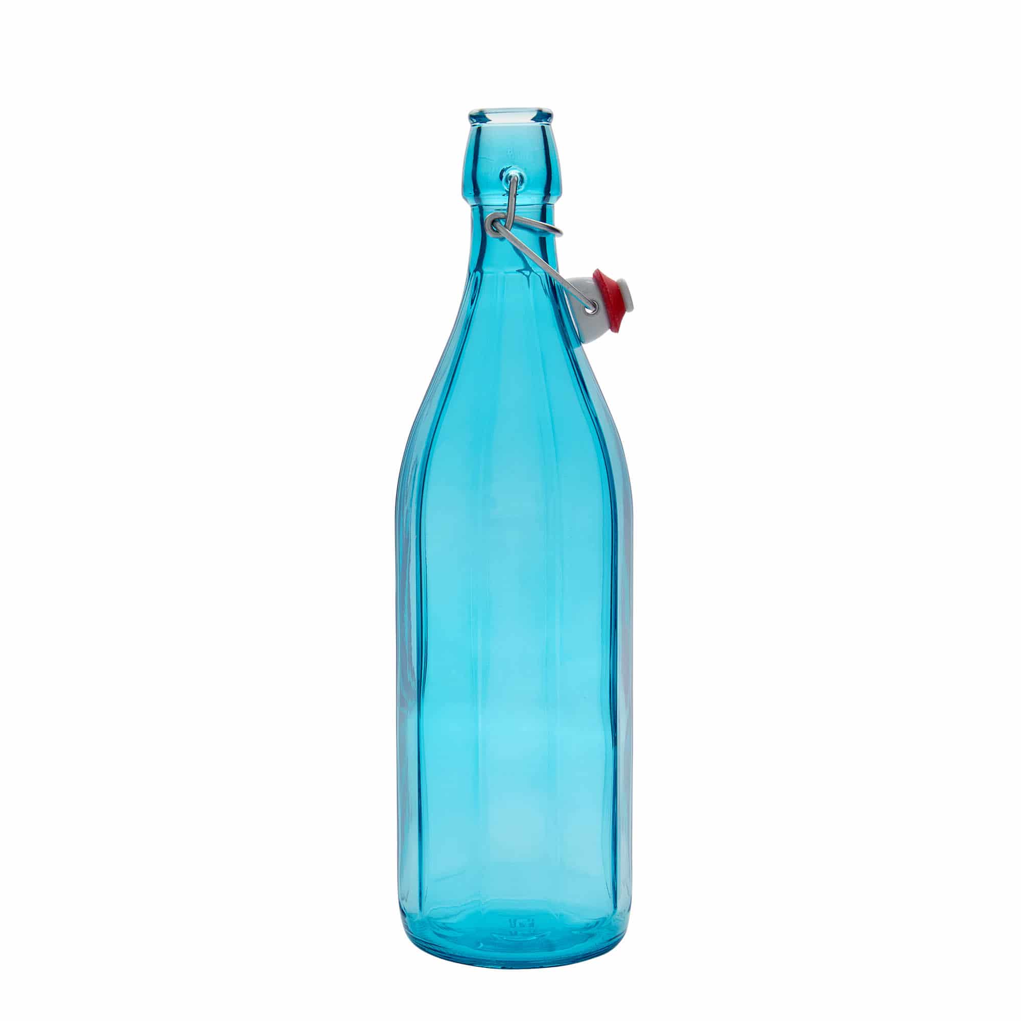 Skleněná lahev 1000 ml 'Oxford', desetiúhelníková, azurově modrá, uzávěr: třmenový uzávěr