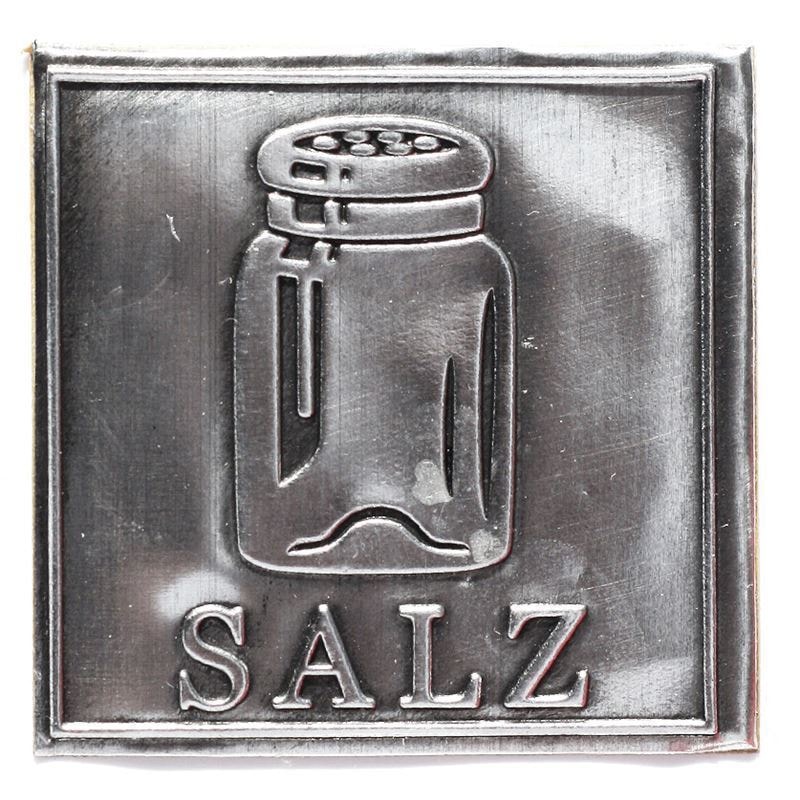 Cínová etiketa „Sůl“, čtvercová, kovová, stříbrná