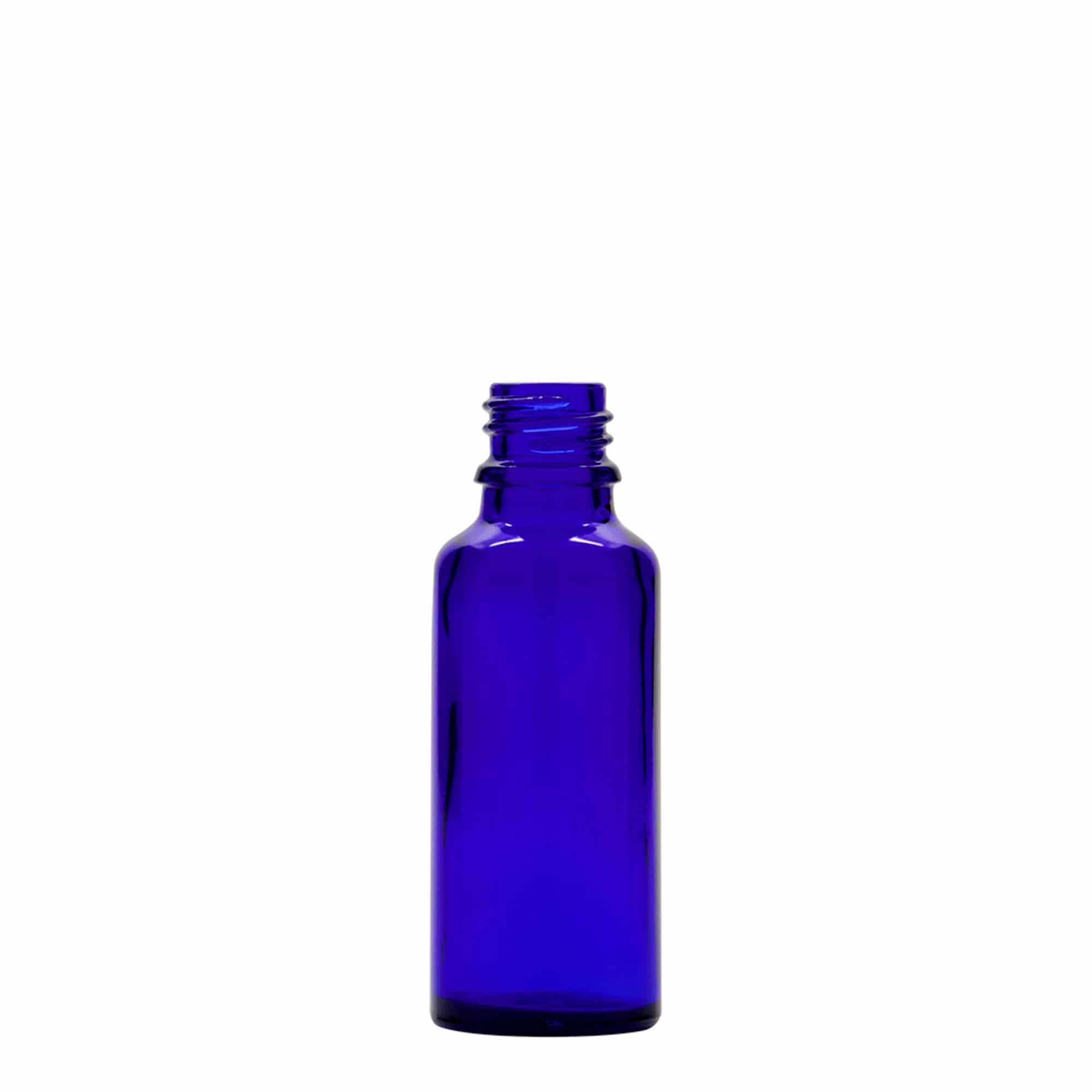 30 ml lahvička s kapátkem, lékařská, sklo, královská modrá-červená, hrdlo: DIN 18