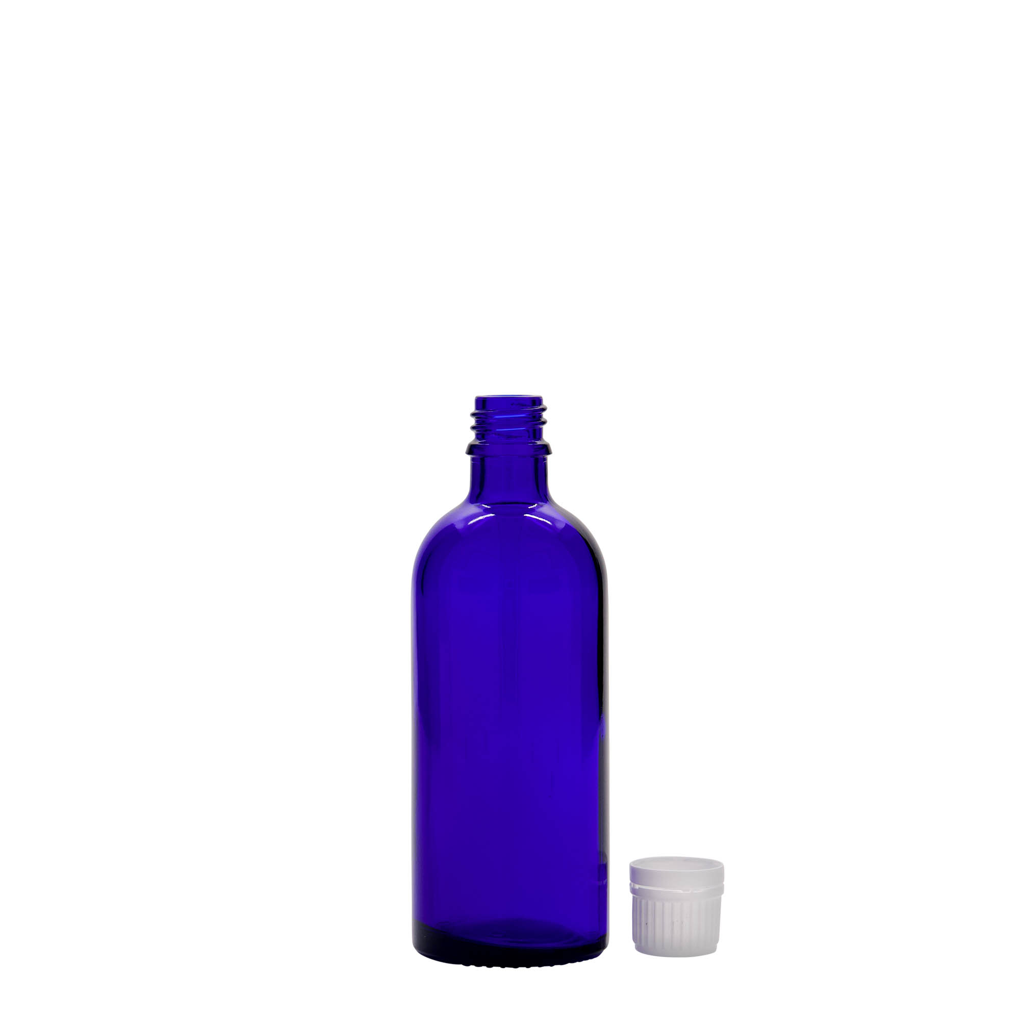 100 ml lékovka, sklo, královská modř, hrdlo: DIN 18