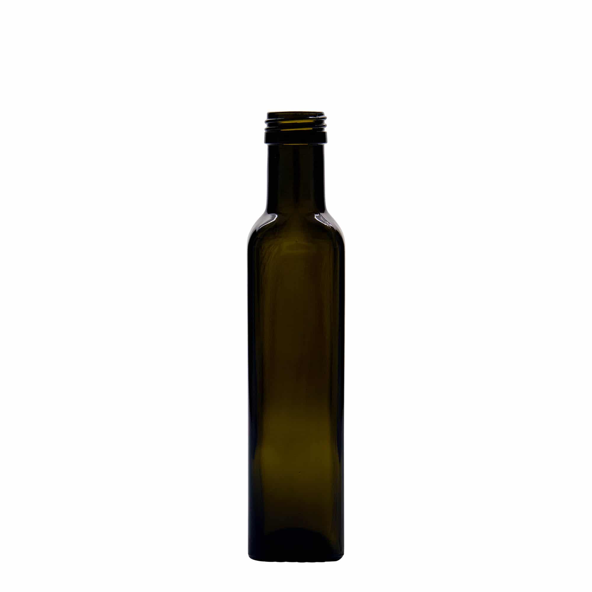 Skleněná lahev 250 ml 'Marasca', čtvercová, starožitná zelená, uzávěr: PP 31,5 Skleněná lahev 250 ml 'Marasca', čtvercová, starožitná zelená, uzávěr: PP 31,5