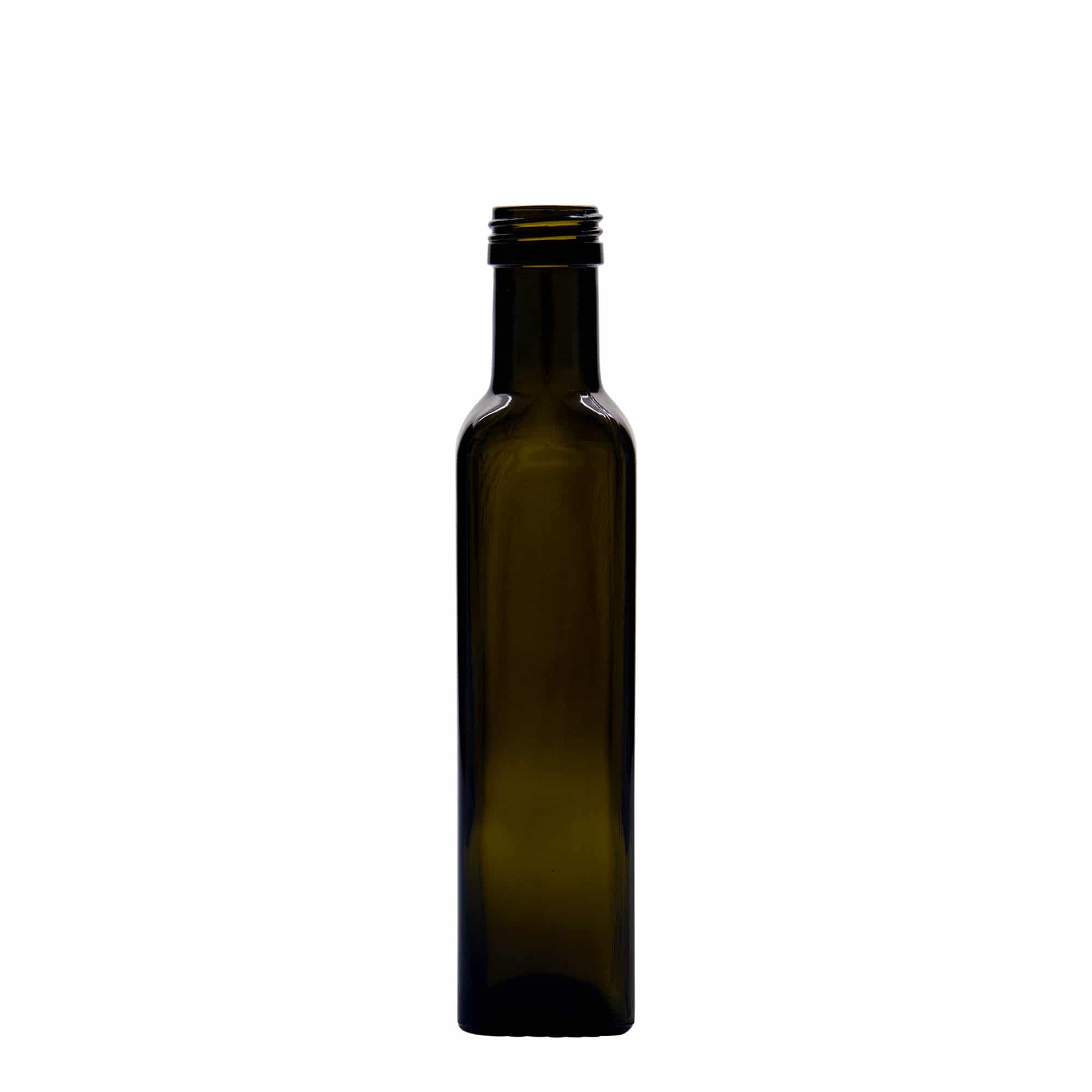 250 ml skleněná láhev 'Marasca', čtvercová, antik zelená, hrdlo: PP 31,5