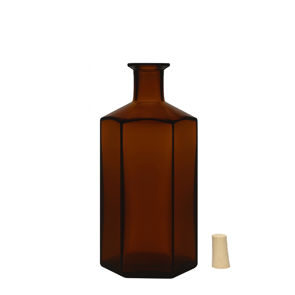 500 ml skleněná láhev lékárníka 'Jimmy', šestihranná, hnědá, hrdlo: korek
