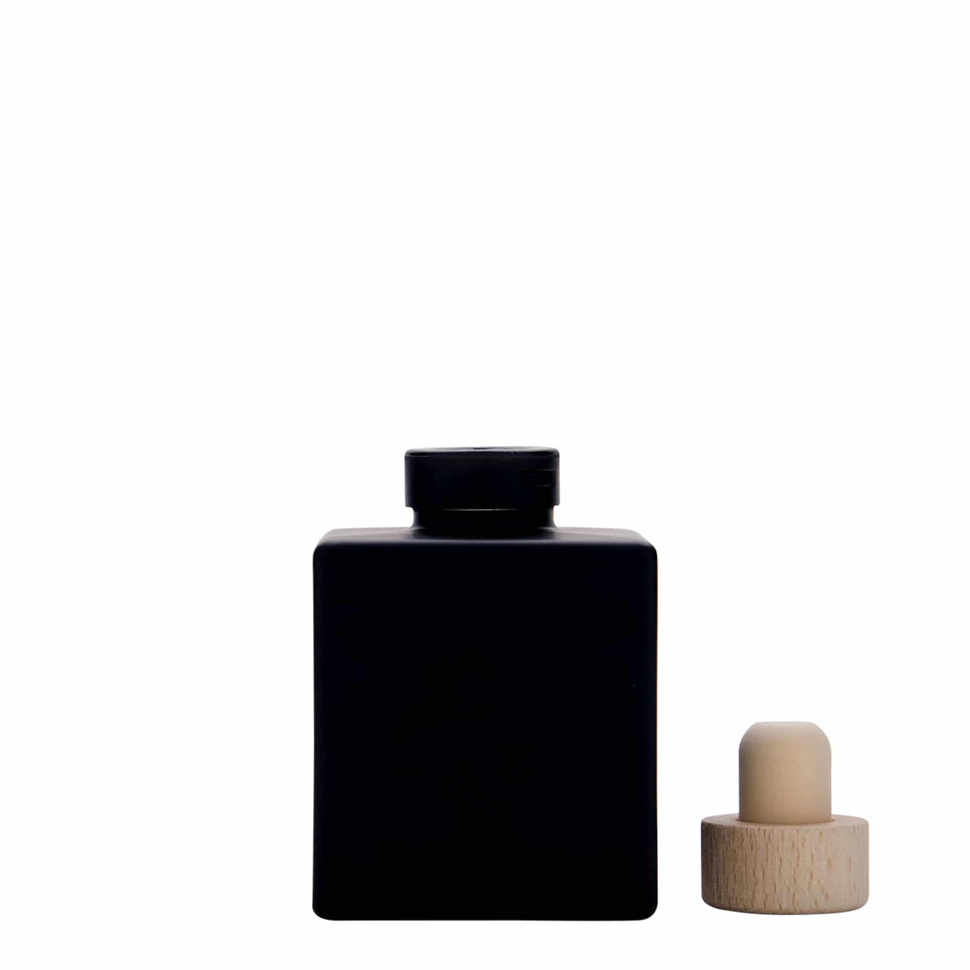 100 ml skleněná lahvička 'Cube', čtvercová, černá, hrdlo: korek