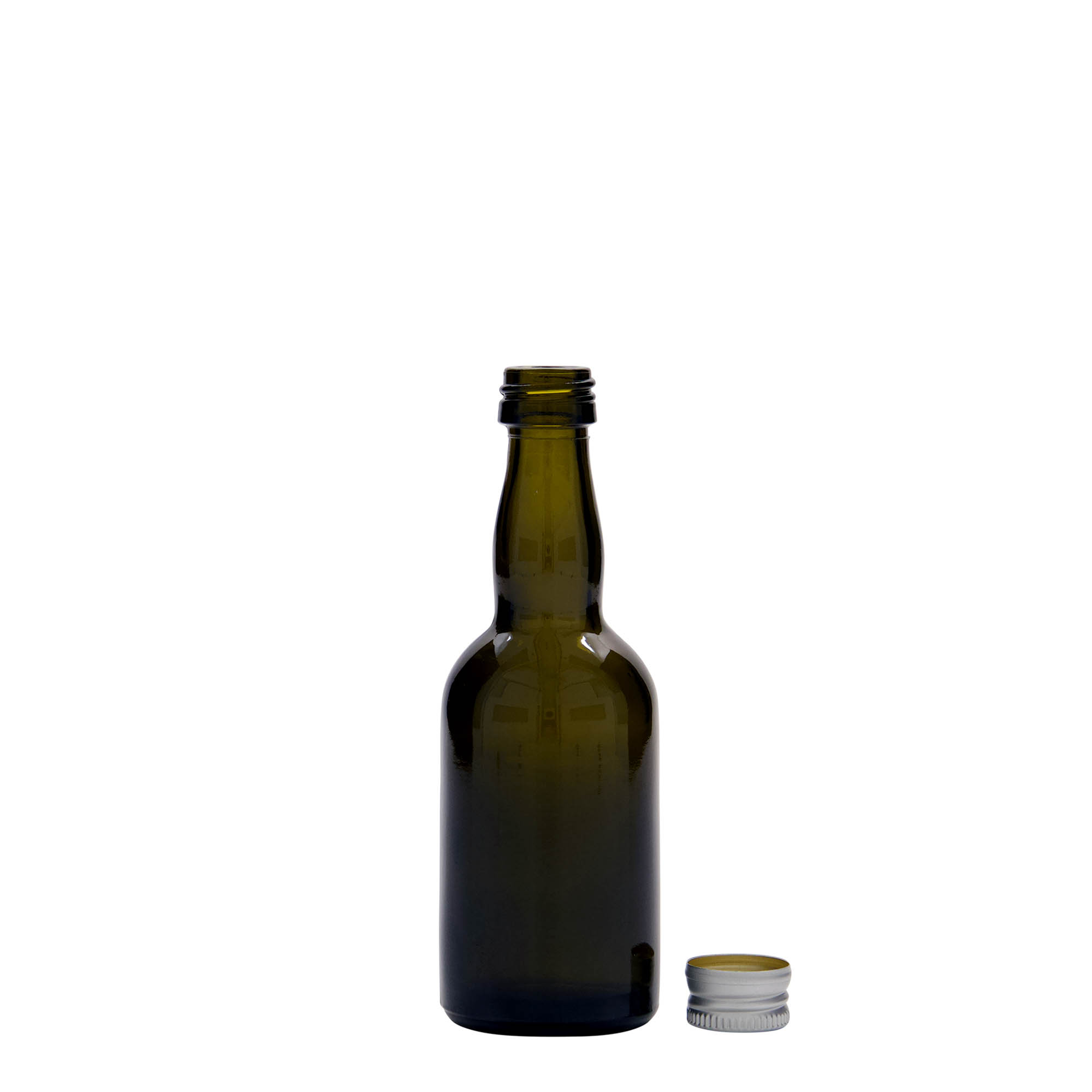 50 ml skleněná lahvička 'Proba', antikzelená, hrdlo: PP 18