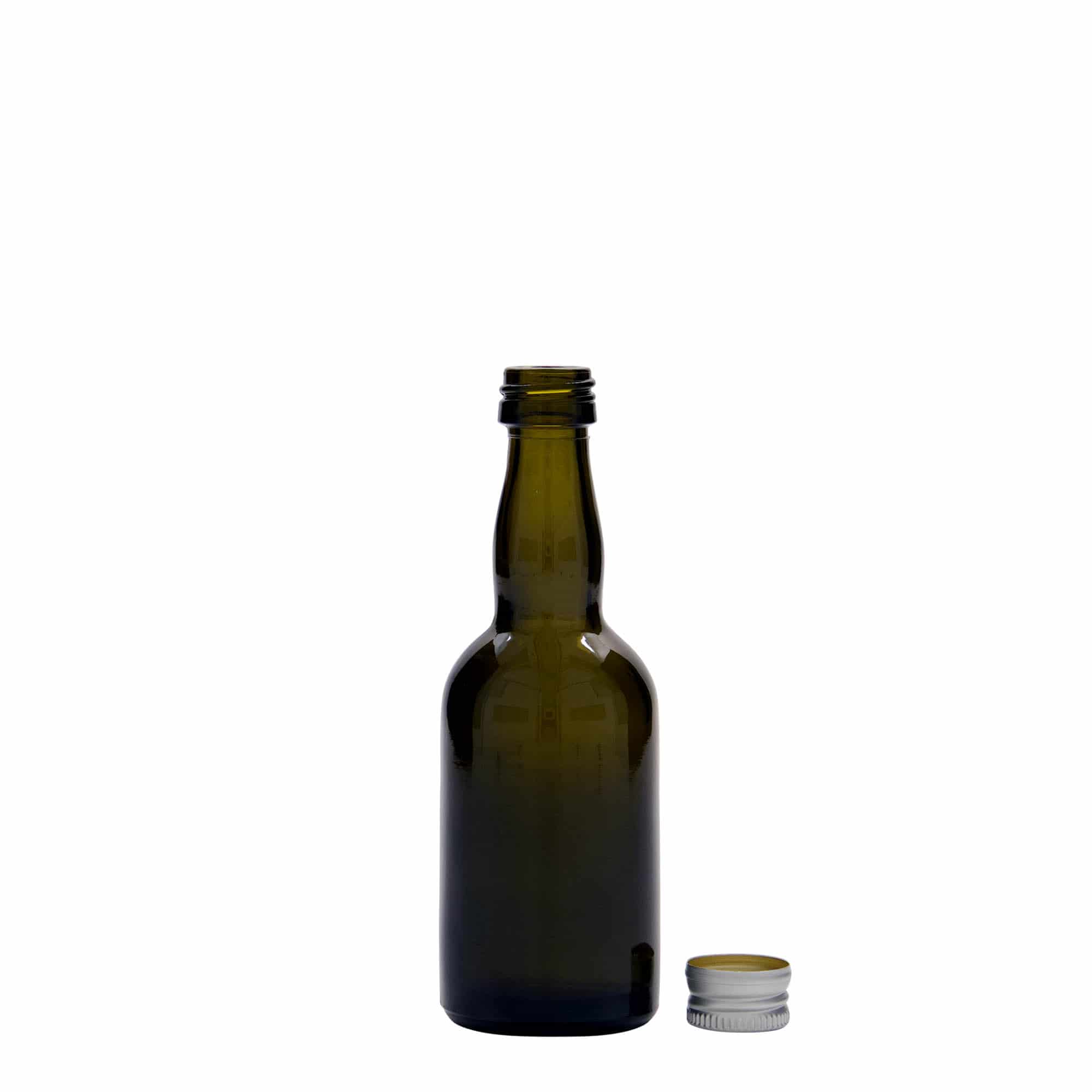 50 ml skleněná lahvička 'Proba', antikzelená, hrdlo: PP 18