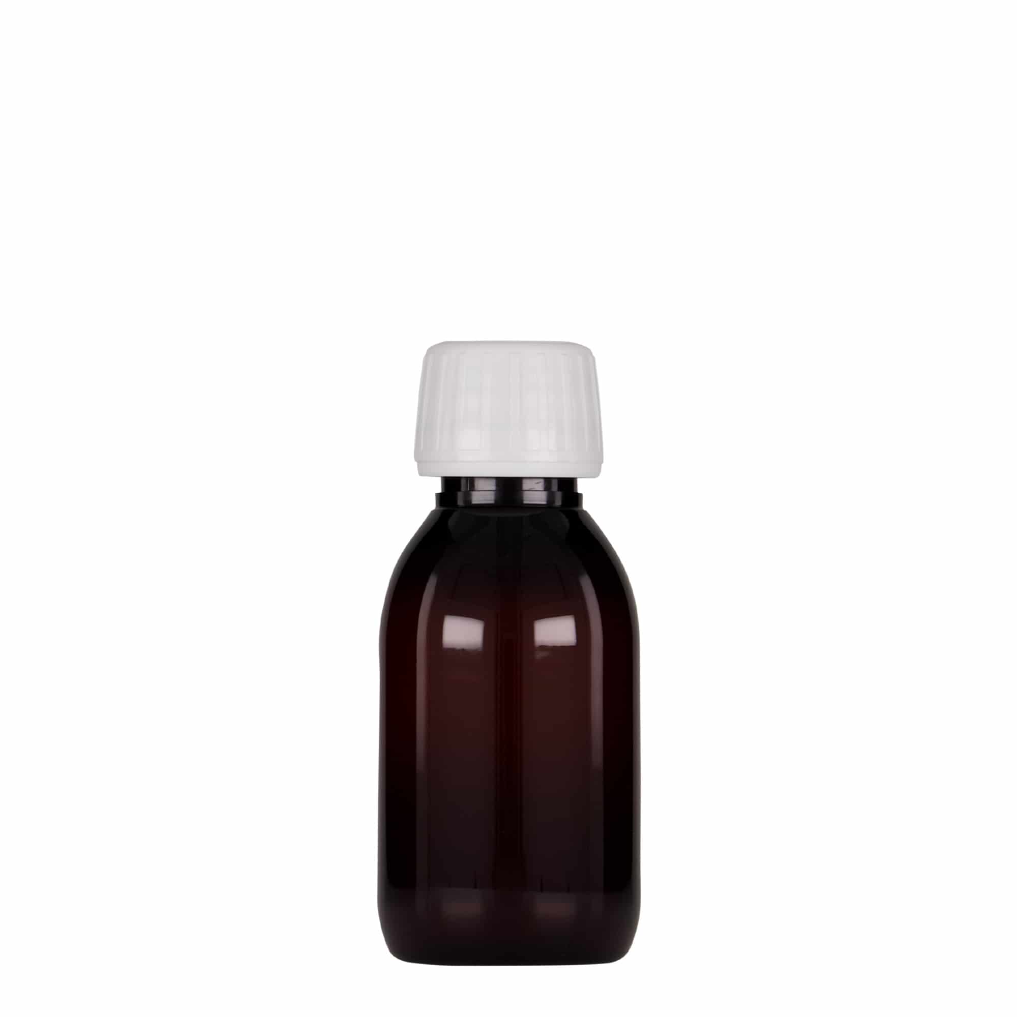 100 ml PET-lékovka, hnědá, plast, hrdlo: PP 28