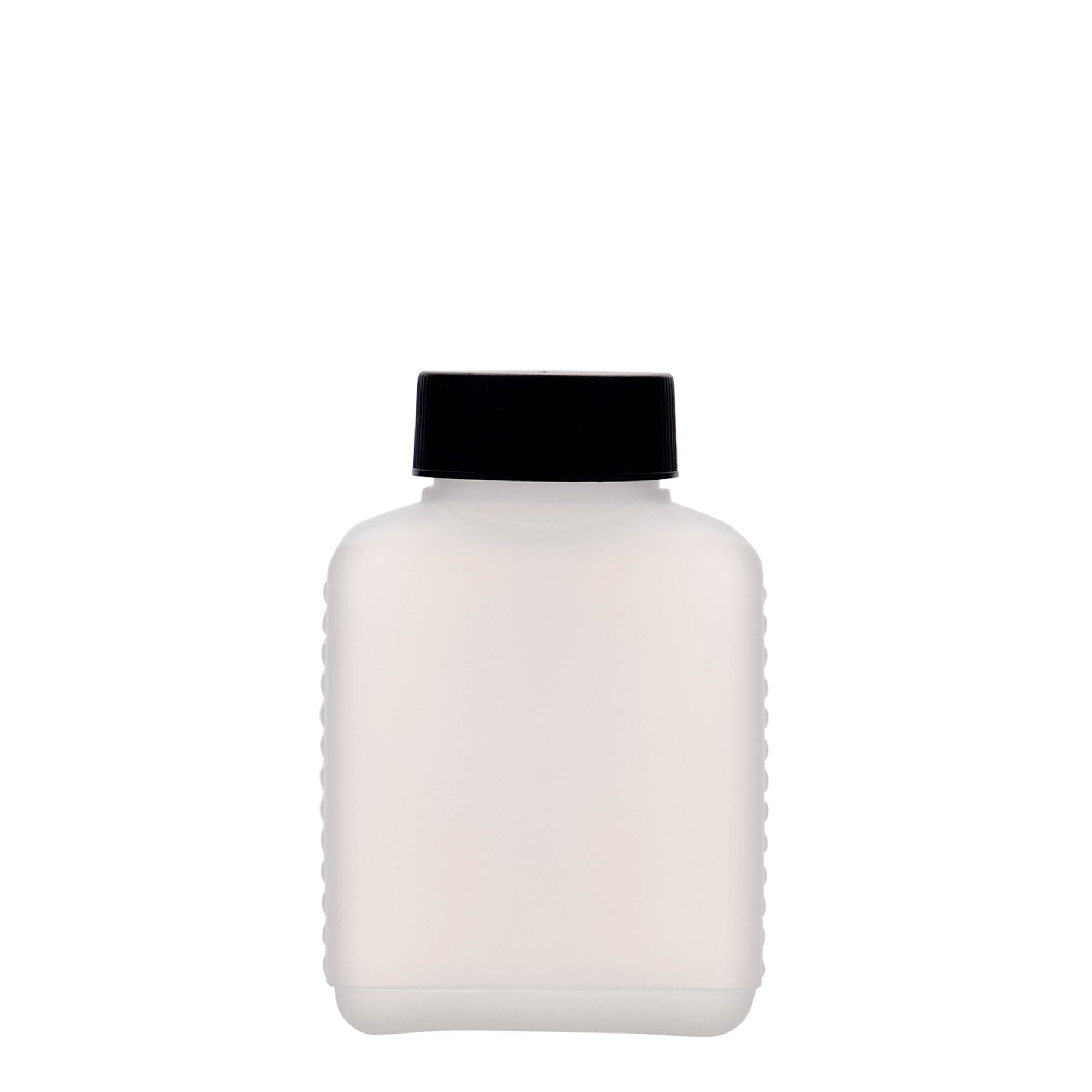 Lahev s širokým hrdlem 250 ml, hranatá, plast HDPE, přírodní, uzávěr: DIN 40 EPE