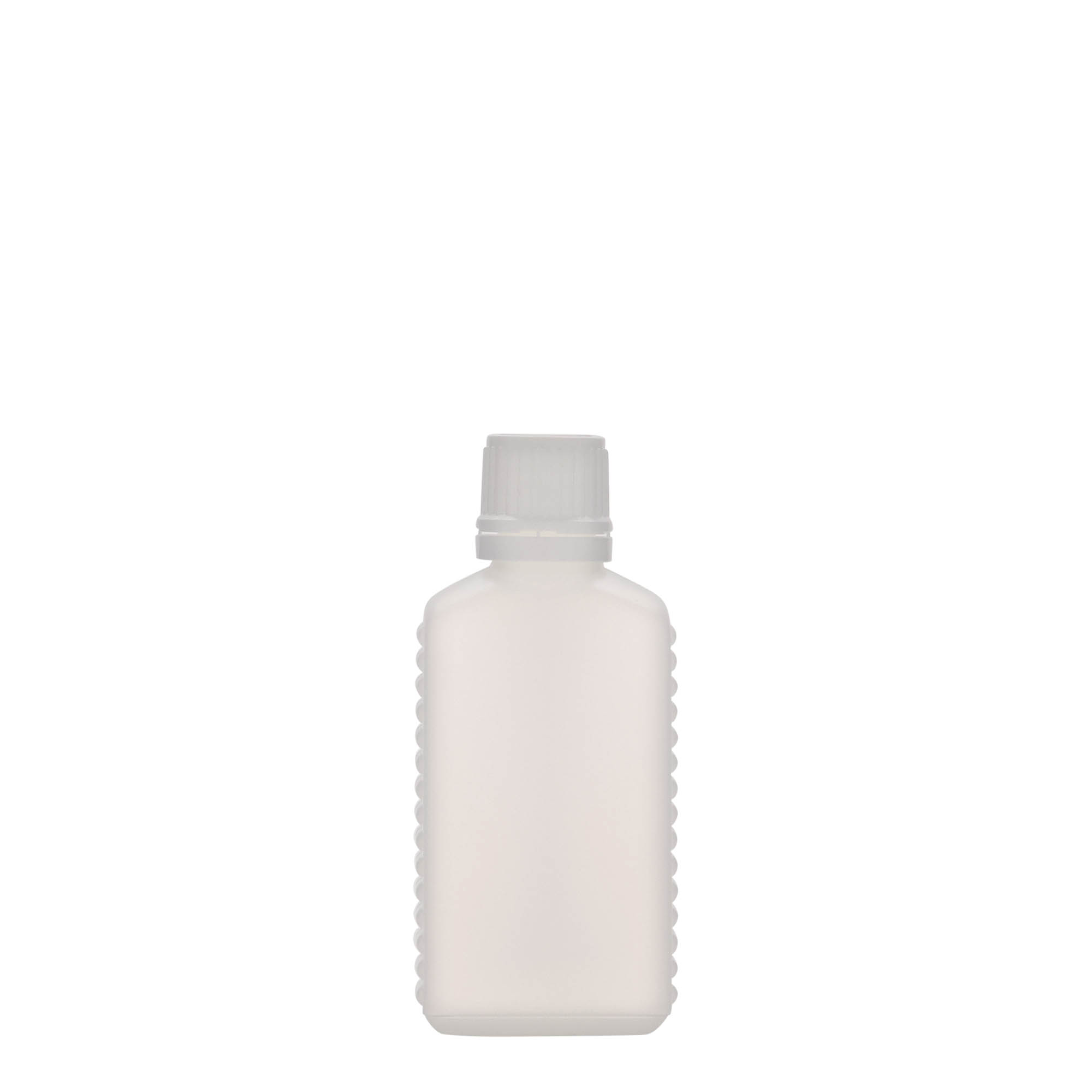 50 ml kanystrová láhev s úzkým hrdlem, obdélníková, HDPE plast, přírodní, hrdlo: DIN 18