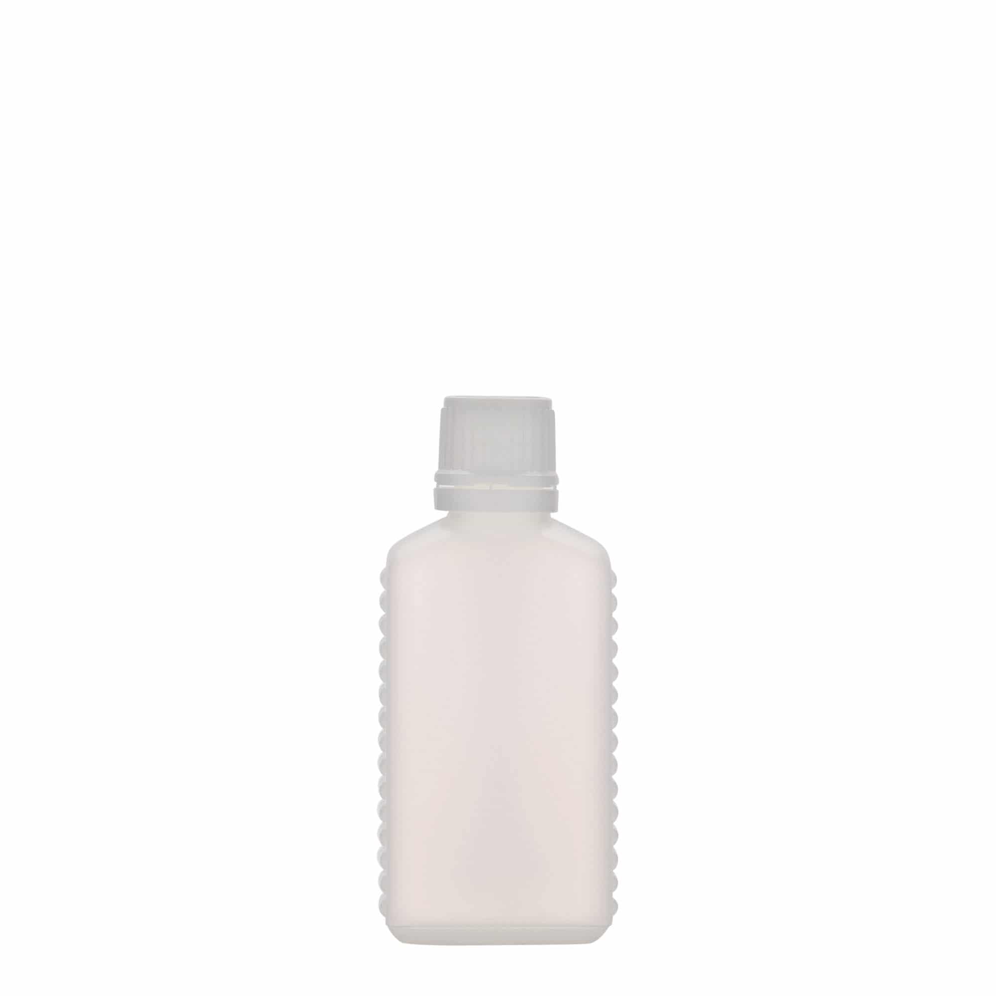 50 ml kanystrová láhev s úzkým hrdlem, obdélníková, HDPE plast, přírodní, hrdlo: DIN 18