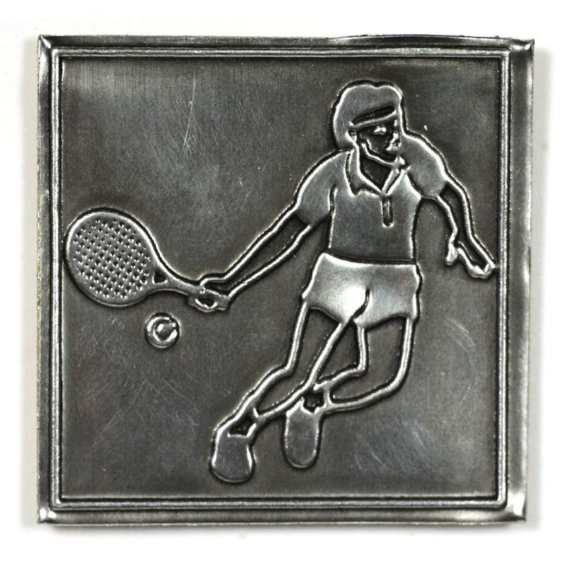 Cínová etiketa „Tennis“, čtvercová, kovová, stříbrná