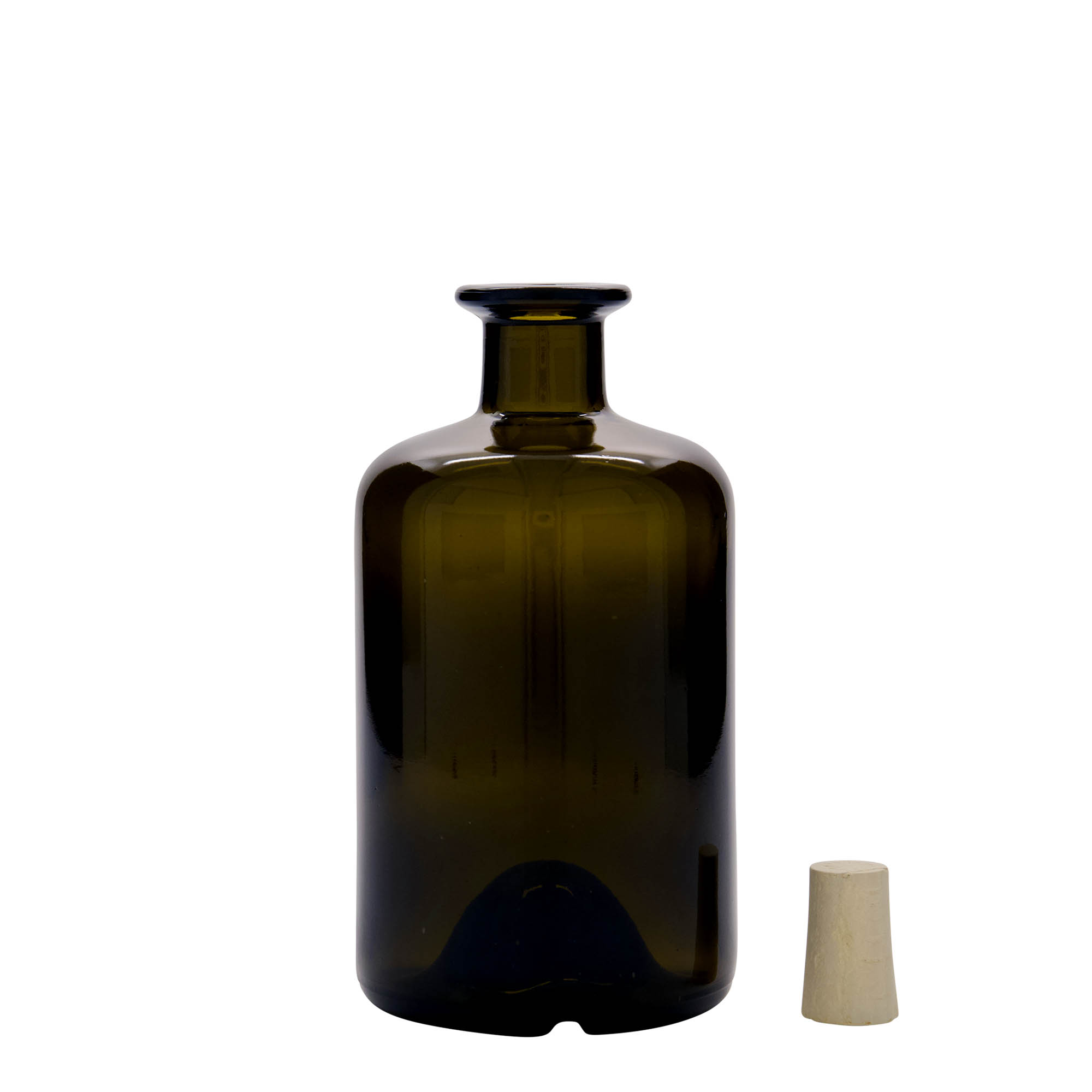 500 ml lékárenská skleněná láhev, antik zelená, hrdlo: korek
