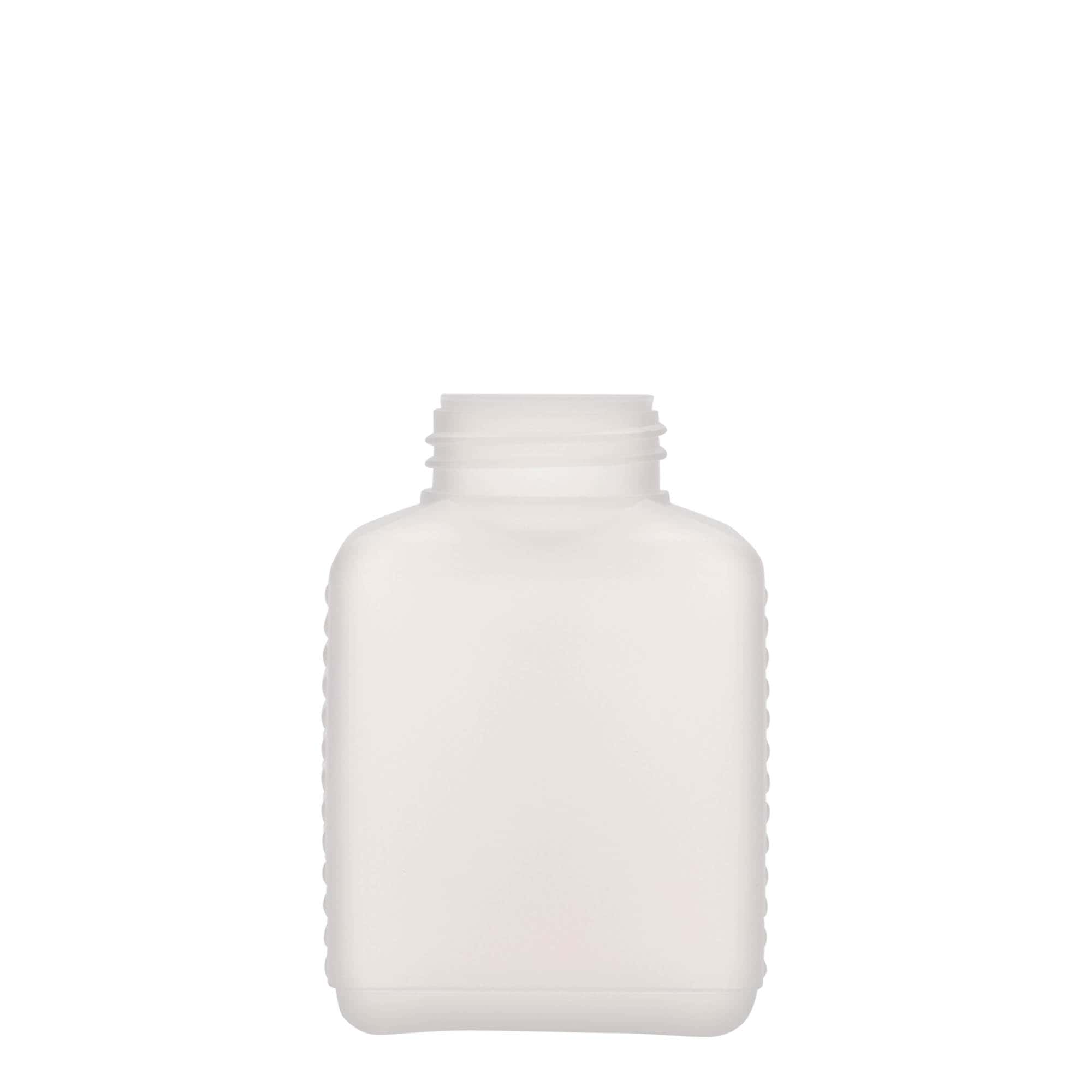 Lahev s širokým hrdlem 250 ml, hranatá, plast HDPE, přírodní, uzávěr: DIN 40 EPE