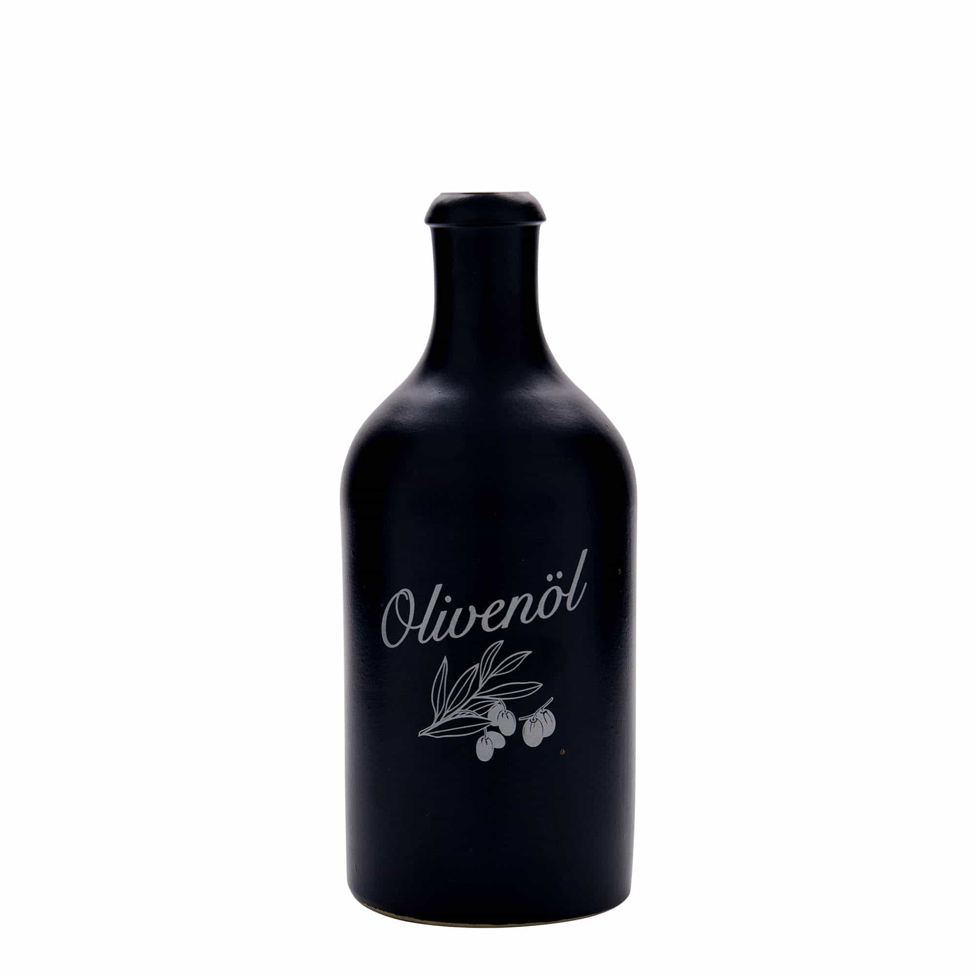 Hliněný džbán 500 ml, motiv: Olivový olej, keramika, černý, uzávěr: korek Hliněný džbán 500 ml, motiv: Olivový olej, keramika, černý, uzávěr: korek
