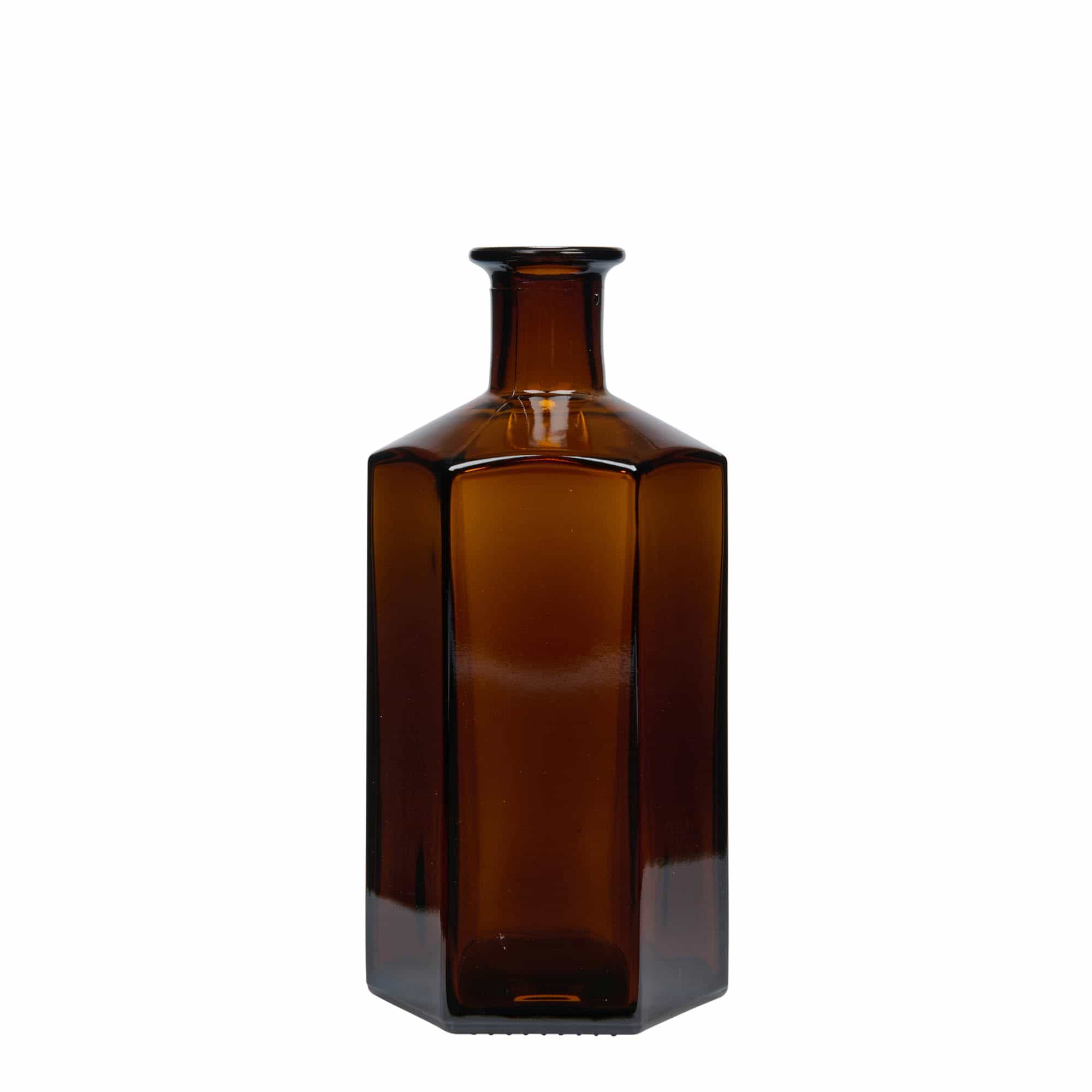Skleněná lahev 500 ml lékárenská 'Jimmy'. šestiúhelníková. hnědý. uzávěr: korek Skleněná lahev 500 ml lékárenská 'Jimmy'. šestiúhelníková. hnědý. uzávěr: korek