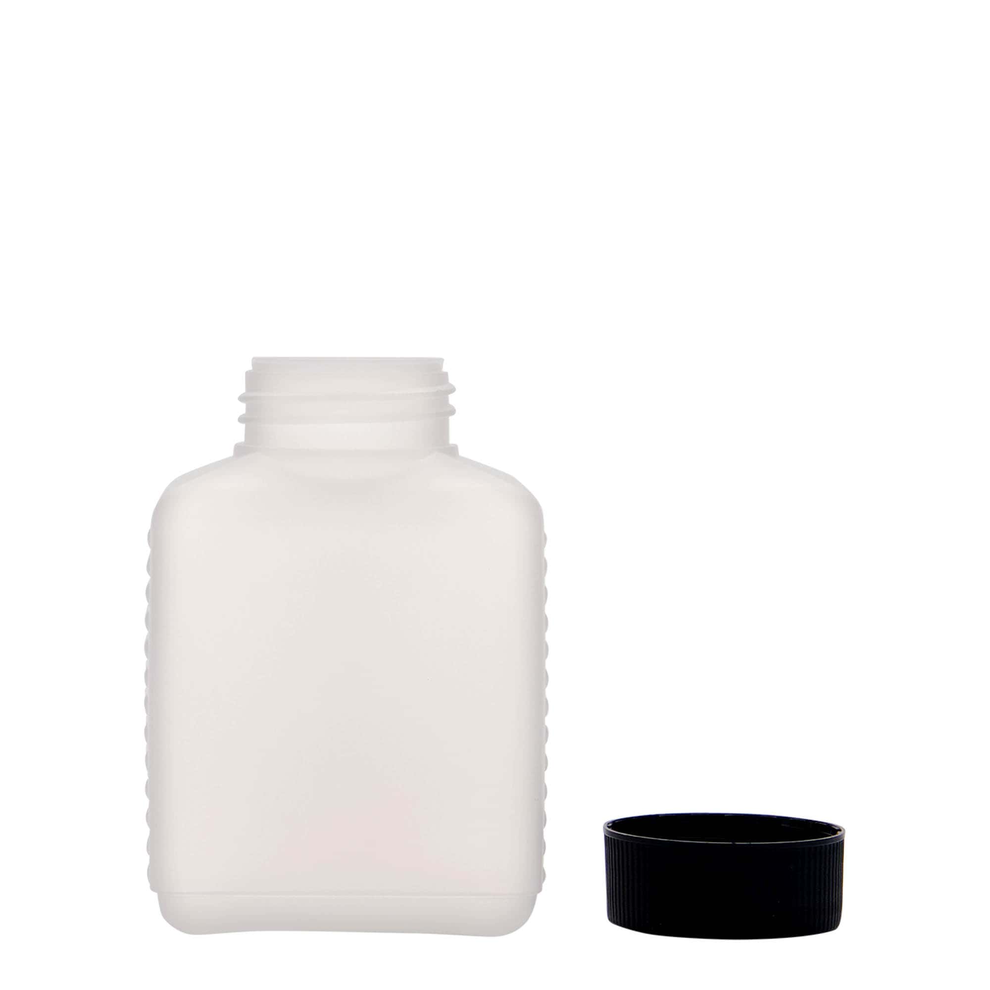 Lahev s širokým hrdlem 250 ml, hranatá, plast HDPE, přírodní, uzávěr: DIN 40 EPE
