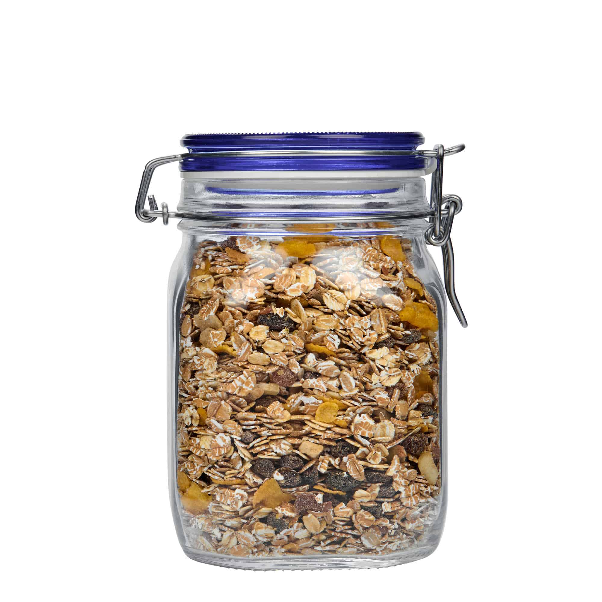 1.000 ml drátěná zavařovací sklenice 'Fido' modrý uzávěr, čtvercová, hrdlo: drátěné zavírání