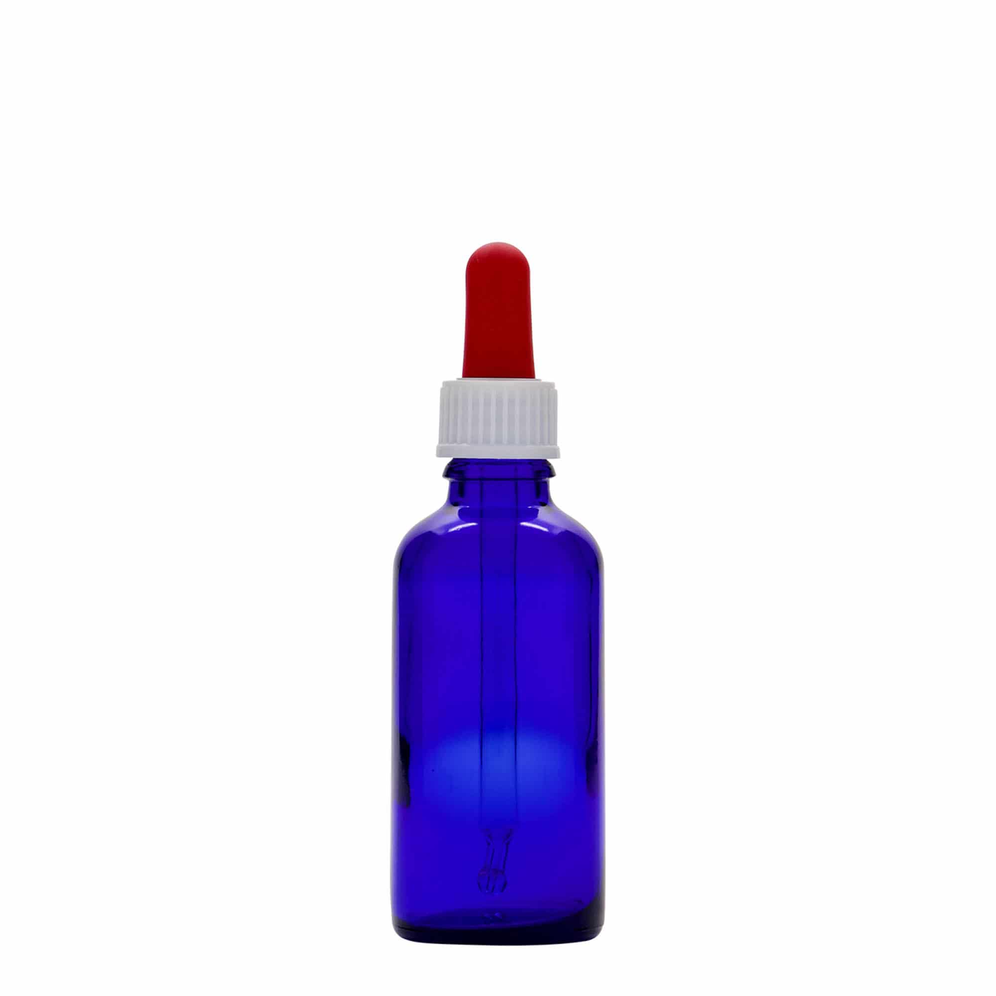 50 ml kapátková lahvička lékařská, sklo, královská modrá-červená, hrdlo: DIN 18