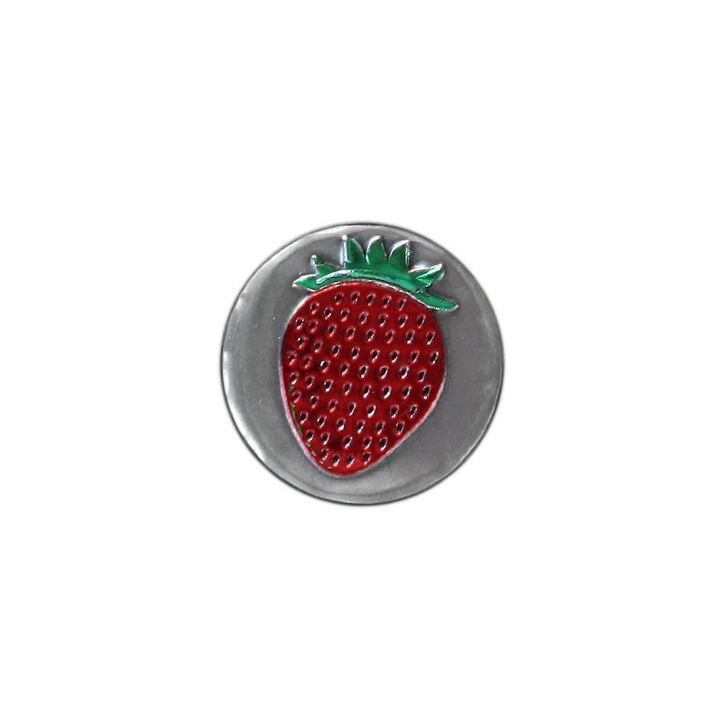 Cínová etiketa 'Jahoda', kulatá, kovová, stříbrná Cínová etiketa 'Jahoda', kulatá, kovová, stříbrná