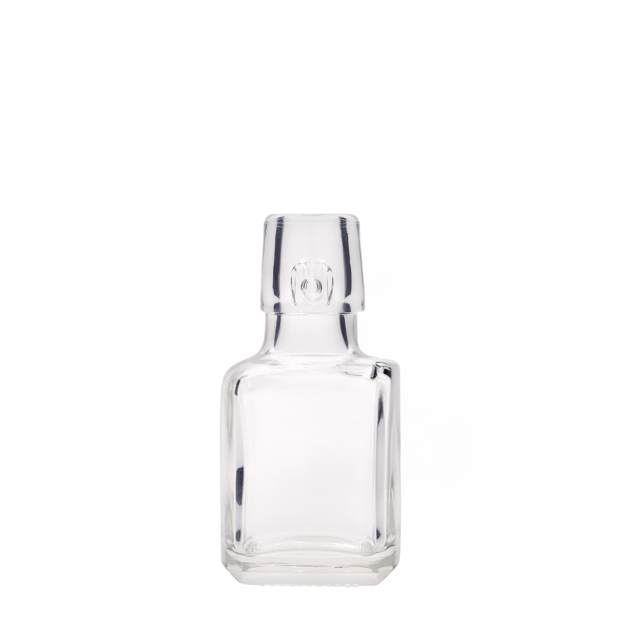 100 ml skleněná lahvička 'Kubica', čtvercová, hrdlo: pákové uzávěr