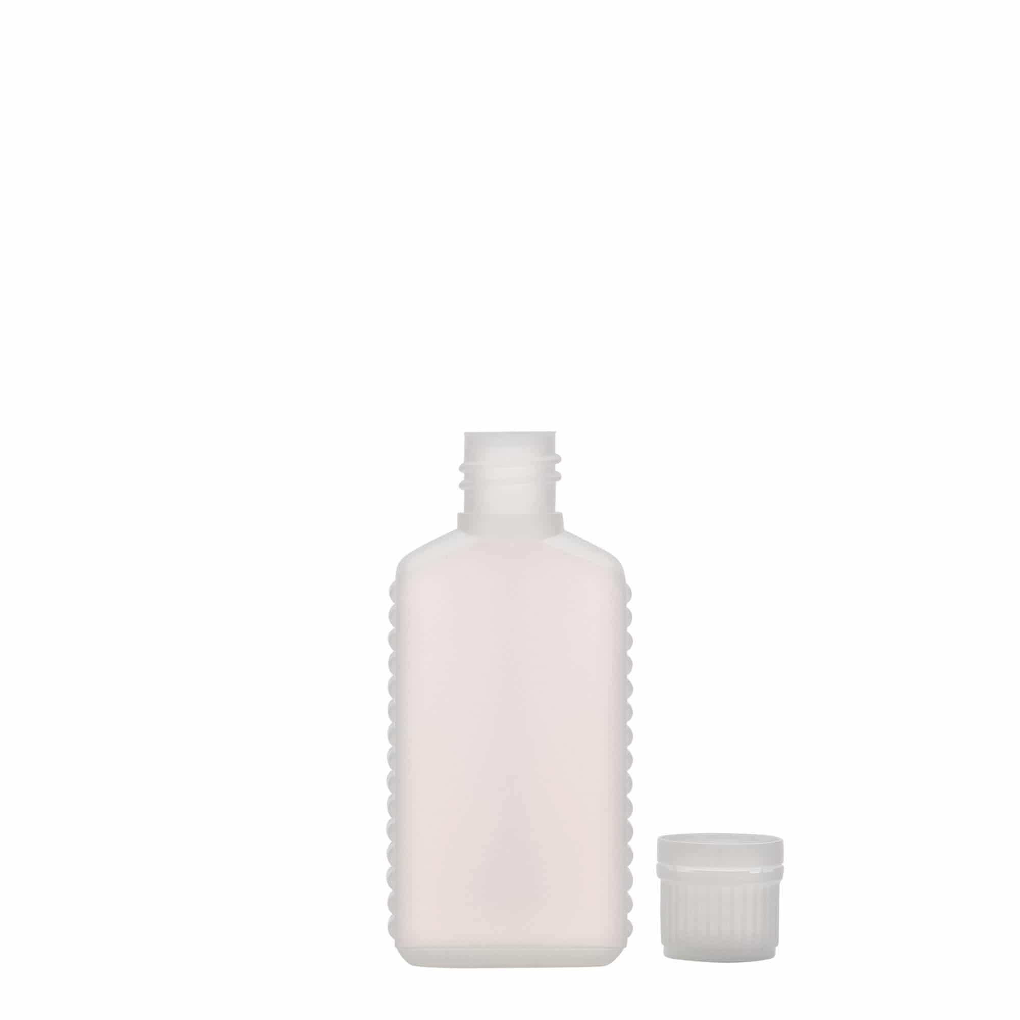 50 ml kanystrová láhev s úzkým hrdlem, obdélníková, HDPE plast, přírodní, hrdlo: DIN 18