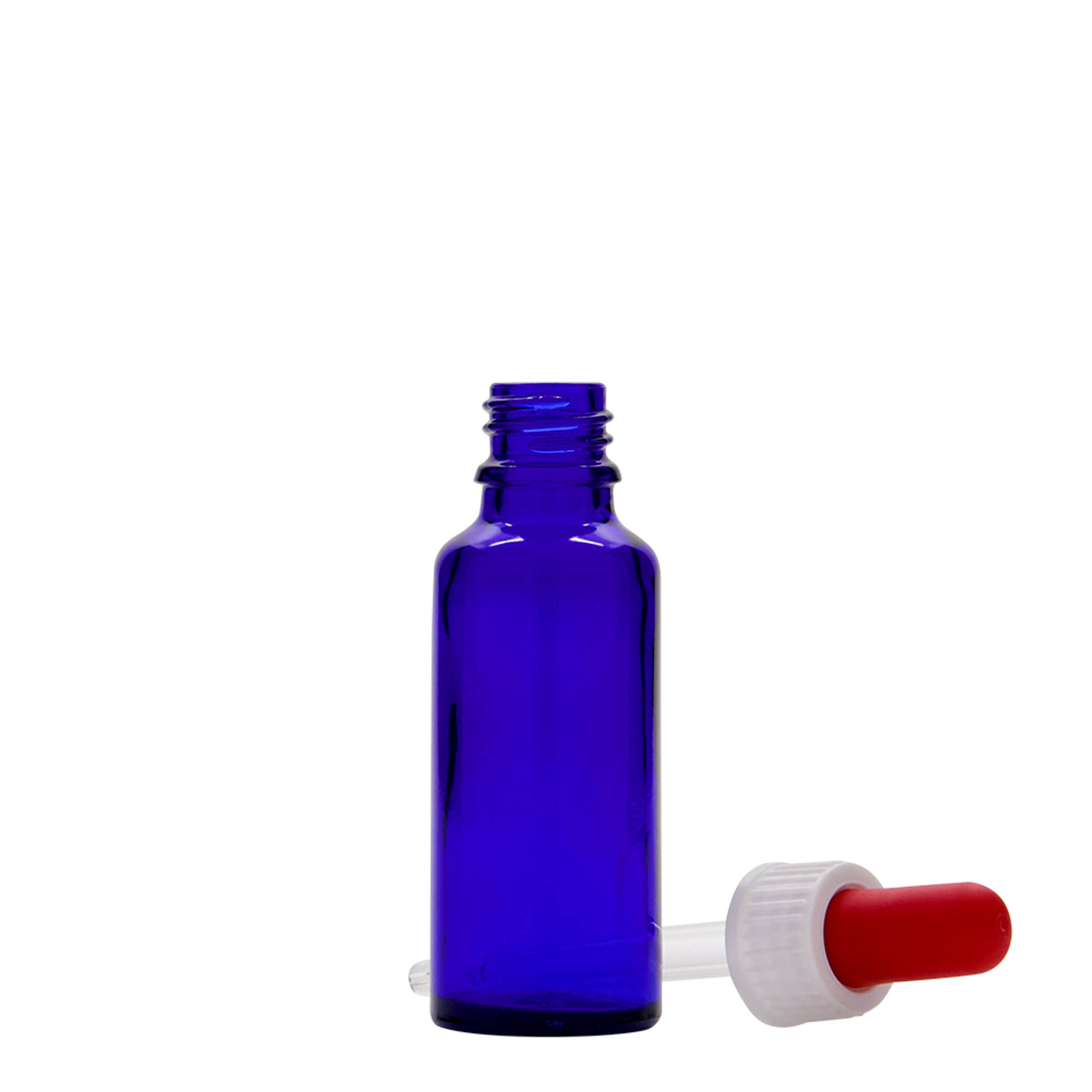 30 ml lahvička s kapátkem, lékařská, sklo, královská modrá-červená, hrdlo: DIN 18