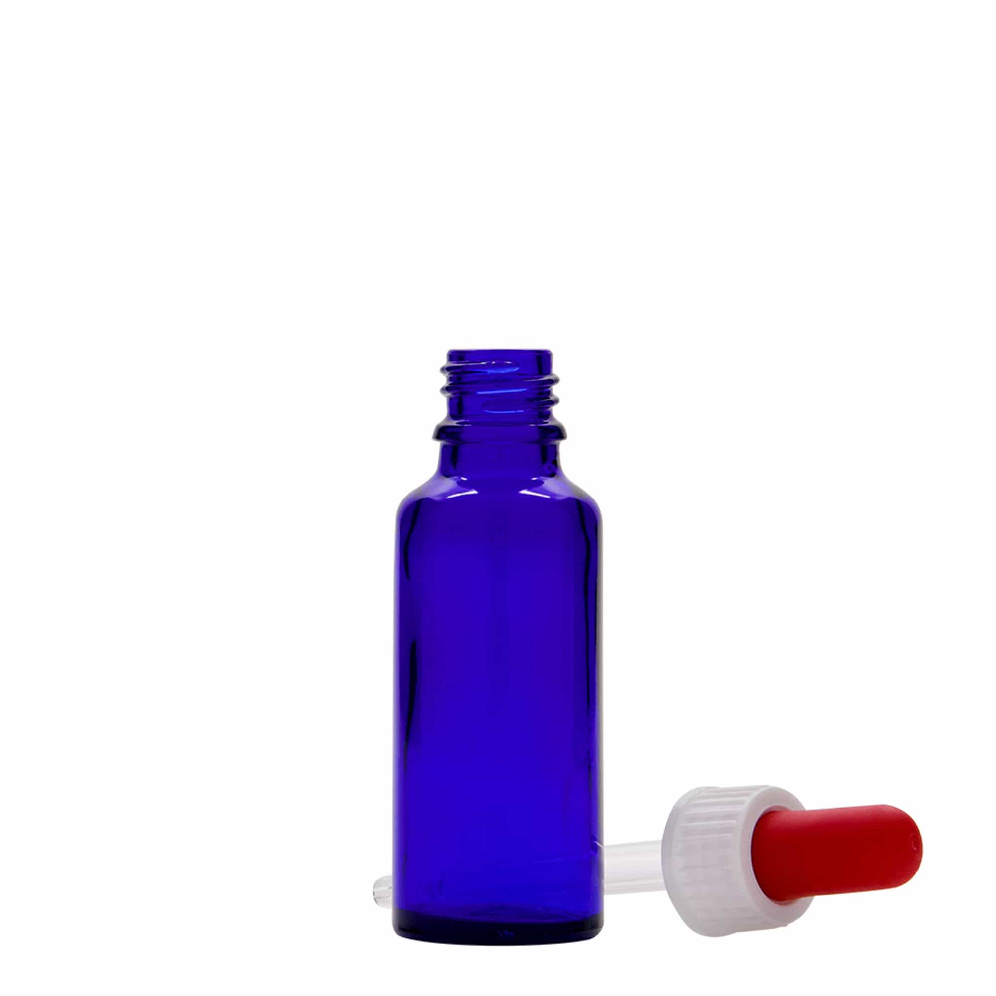 30 ml lahvička s kapátkem, lékařská, sklo, královská modrá-červená, hrdlo: DIN 18